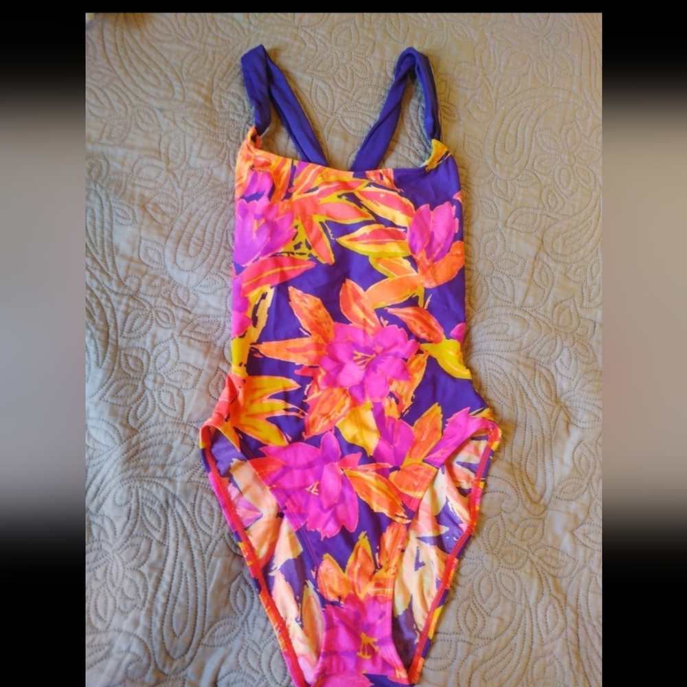Vintage 80s 90s Colorful Vibrant Floral Print Sessa One Piece Swimsuit sz S/M